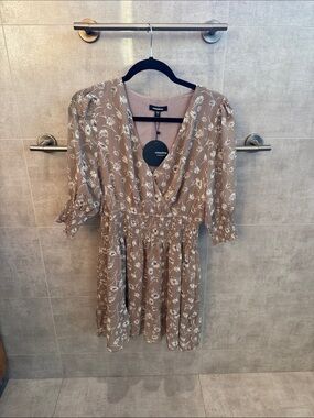 mittoshop Beige Floral V-Neck Smocked Waist Dress